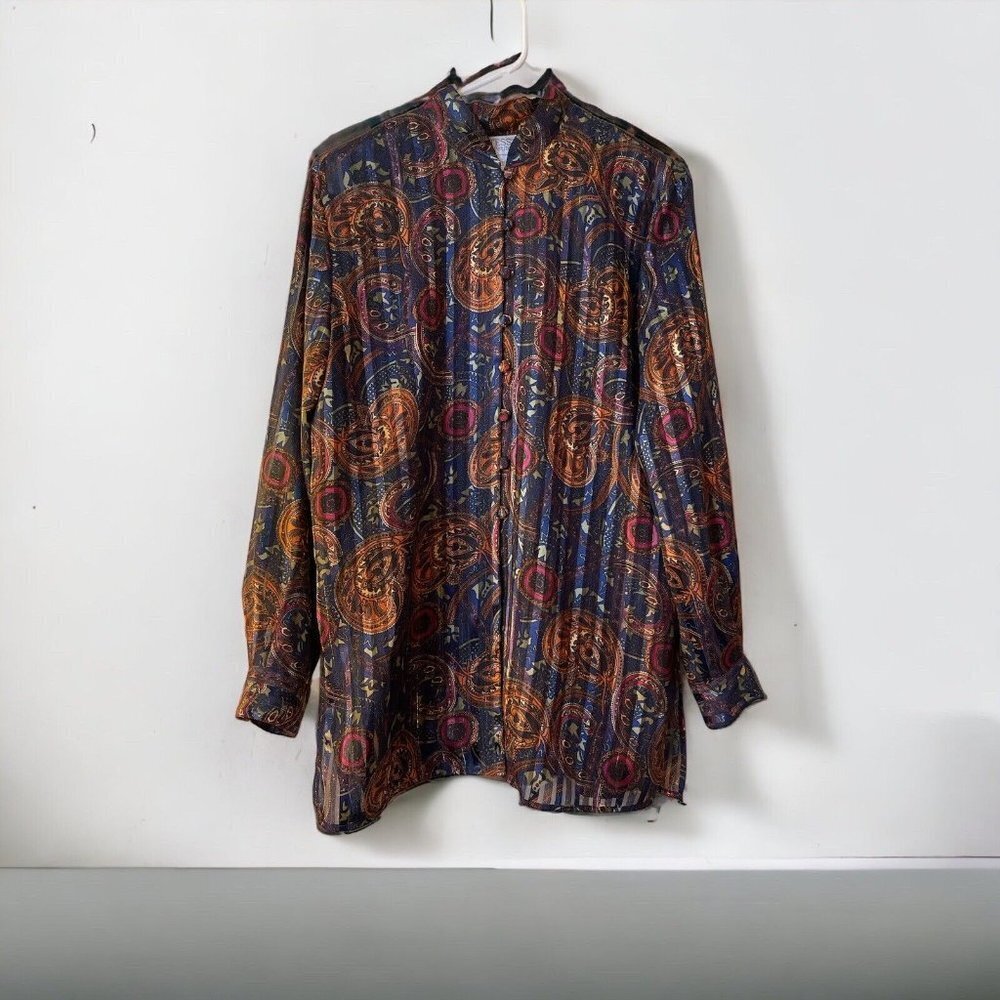 Vintage Tess Petites Jewel Toned Paisely Long Sleeve Blouse  Silk Like Women's M